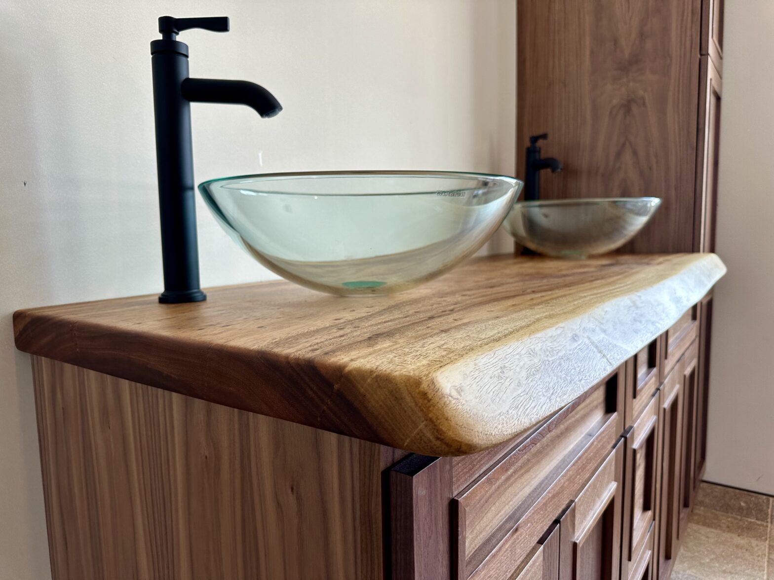 Monkeypod Wood Vanity Top with Double Vessel Sinks